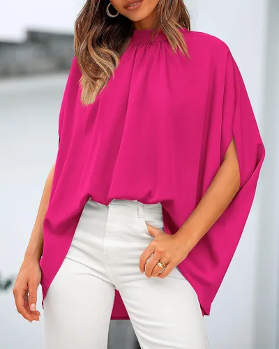 Vista 66 de BTFBM Blusas de verano para mujer, cuello alto falso, manga murciélago, holgadas, dobladillo alto y bajo, blusas informales de gran