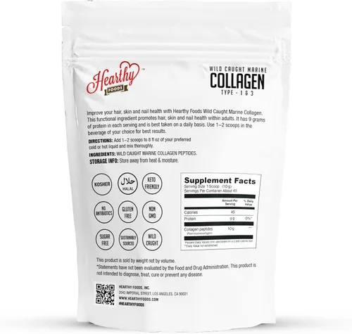 Vista 2 de HEARTHY FOODS Colágeno marino en polvo de 16 onzas, procedente de pescado capturado en la naturaleza, apto para pecatarianos, certificado Keto