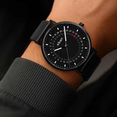 Vista 8 de a.b.art Reloj de cuarzo para hombre, movimiento Ronda con piezas suizas, cristal de zafiro, correa de malla milanesa, diseño ultrafino, esfera negra