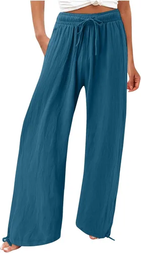 Vista 21 de SHAOBGE Pantalones palazzo de verano para mujer, cintura alta, pierna ancha, casual, cintura elástica, pantalones de playa con bolsillos