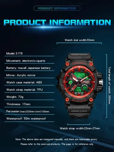 Vista 5 de KXAITO Men's Analog Sports Watch Military Watch Outdoor LED Stopwatch Digital Electronic Large Dual Display Waterproof Tactical Army Wrist Watches