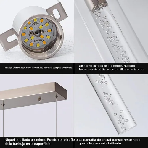 Vista 5 de Luces colgantes para isla de cocina con control remoto, níquel cepillado regulable y cilindro transparente, luces colgantes de cocina de altura