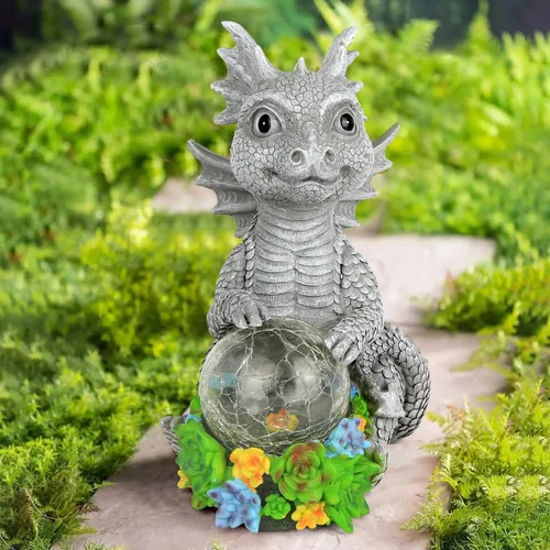 Vista 2 de Estatuas solares de jardín al aire libre, dragón sosteniendo orbe mágico con luces LED solares, decoración de césped al aire libre para patio