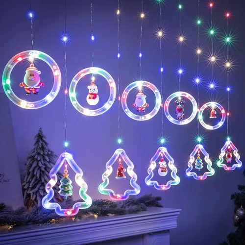 Vista 12 de BLOOMWIN Luces de Ventana de Navidad Decoraciones de Ventana Navideñas Iluminadas - Luz de Anillo en Forma de Árbol con Luz de Cortina de Ornamento