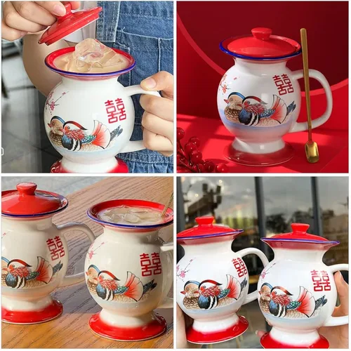 Vista 2 de SHERCHPRY Tazas de leche de cerámica, Taza en forma de escupitón con tapa, Tazas de broma, Tazas chinas retro de porcelana, Tazas de agua