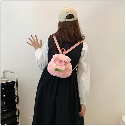 Vista 2 de Linda mochila de peluche para niña, bolsa de peluche kawaii de cerdo para la escuela, mini bolsa de felpa para niñas y mujeres, bolso mullido