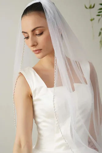 Vista 3 de Velo de novia corto con cuentas de cristal para mujer, 1 nivel, con peine X09