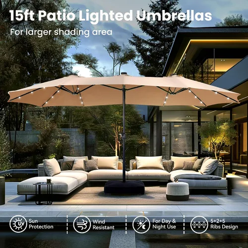 Vista 8 de PHI VILLA Sombrilla de patio grande de 15 pies con base y luces solares, paraguas rectangular de doble cara para exteriores con 36 luces LED, Beige