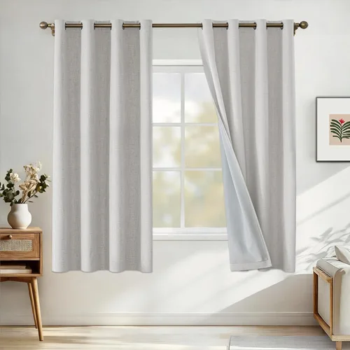 Vista 14 de Cortinas 100% opacas para dormitorio, cortinas opacas de 63 pulgadas de largo, cortinas opacas de lino para sala de estar, cortinas con ojales