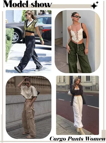 Vista 2 de udforsk Pantalones cargo de cintura alta para mujer, pantalones de paracaídas de pierna ancha para mujer con bolsillos, pantalones holgados Y2K