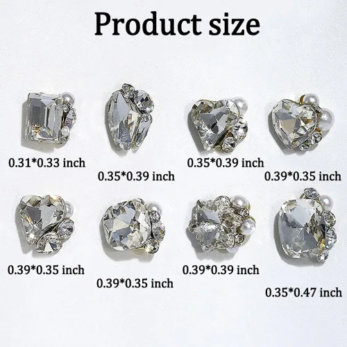 Vista 2 de 8 piezas de perlas 3D de diamantes de imitación para uñas, dijes de perlas brillantes de corazón de lujo, corazones blancos transparentes, copos