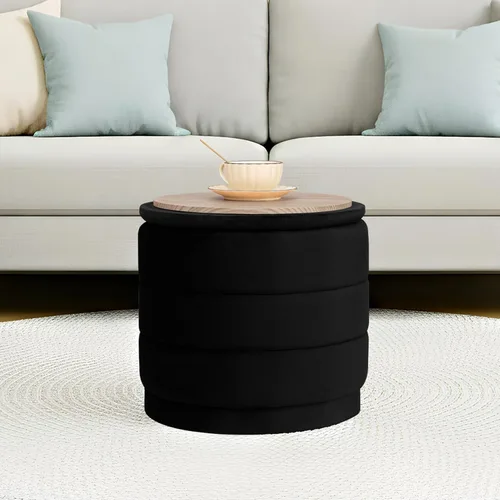 Vista 2 de Otomana redonda de terciopelo de 15.4 pulgadas con tapa reversible, reposapiés otomano circular tapizado con almacenamiento oculto, reposapiés Negro