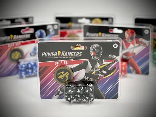 Vista 3 de Renegade Game Studios Power Rangers RPG - Juego de dados poliédricos negros de 8 piezas con moneda de poder personalizada