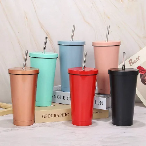 Vista 2 de Ulalaza Vaso de agua de acero inoxidable aislado con tapa, botella de agua, aislamiento térmico, taza fría portátil de acero inoxidable, pajita