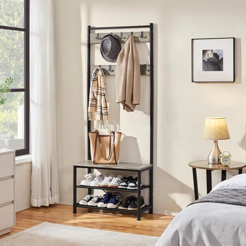 Vista 4 de Yaheetech Perchero, árbol de pasillo con banco de zapatos, almacenamiento de zapatos de entrada con perchero, 9 ganchos móviles, muebles de entrada