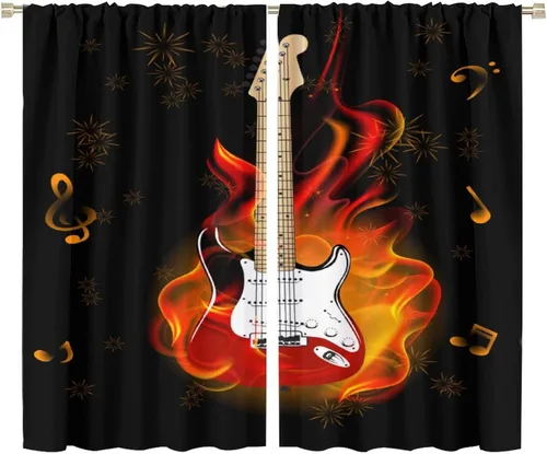 Vista 68 de Cortinas de música rock para adolescentes, tratamiento de ventana de guitarra electrónica para dormitorio, sala de estar, cortinas de ventana