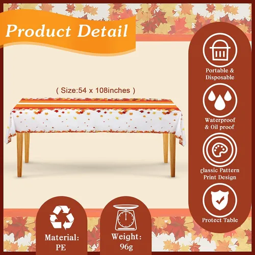 Vista 2 de Tegeme 3 manteles desechables de Acción de Gracias de 54 x 108 pulgadas, mantel de plástico para otoño, rectangular, impermeable, hojas de arce