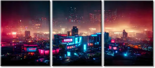 Vista 38 de Arte de pared de 3 piezas de escena de ciencia ficción de la calle comercial futurista paisaje urbano, decoración de pared para dormitorio