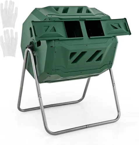 Vista 15 de Goplus Contenedor de compostaje, vaso de compostaje de doble cámara de 34.5 galones con 2 cámaras giratorias, puertas corredizas, compostador