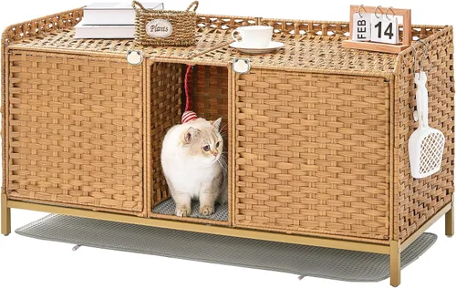Vista 12 de SETVSON Caja de Arena para Gatos para 2 Gatos, Mueble Oculto de Caja de Arena con Alfombra, Casa Grande de Ratán para Gatos con Habitación Doble