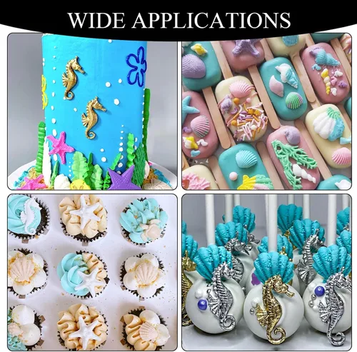 Vista 5 de Moldes para fondant de cuerno de concha, molde de conchas de chocolate con estrellas de mar marinas y tortugas para decoración de pasteles, arcilla