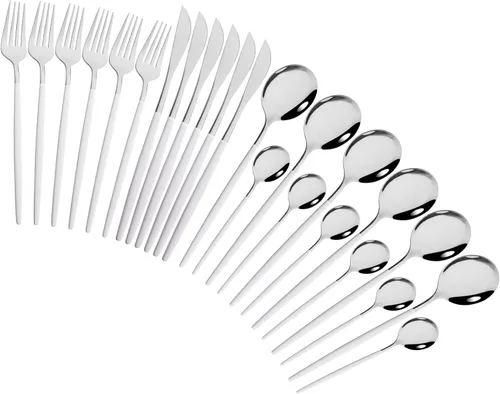 Vista 10 de Juego de cubiertos de 24 piezas, juego de cubiertos de acero inoxidable con espejo, cucharas, tenedores, cuchillos, diseño moderno, servicio para 6