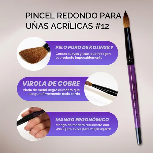 Vista 3 de PANA Pure Kolinsky Cepillo de uñas acrílico con mango de madera - forma redonda Púrpura