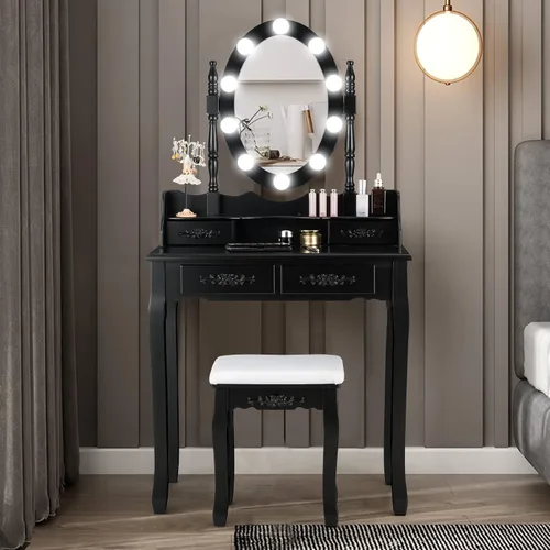 Vista 11 de Giantex Juego de tocador con espejo iluminado, mesa de maquillaje con 10 luces rosadas, escritorio de tocador moderno con taburete acolchado, 3