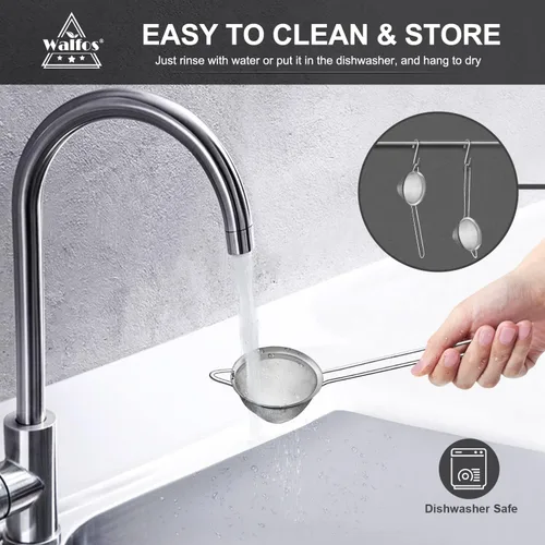 Vista 7 de Walfos Pequeño colador de té de malla fina, mini tamiz de acero inoxidable con asa, coladores de metal de cocina de 2.7 pulgadas para té, jugos