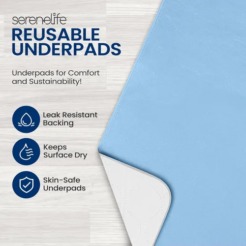 Vista 2 de Serenelife Paquete de 4 almohadillas reutilizables para cama para incontinencia azul, de 34 x 36 pulgadas, para adultos, niños y mascotas