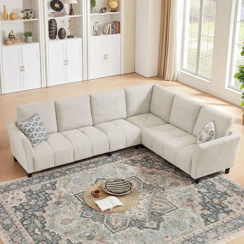 Vista 5 de Sofá modular modular en forma de L de 103 pulgadas, moderno sofá de tela de lino con fundas de cojín extraíbles, sofás modulares reversibles