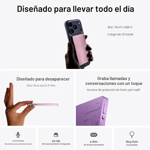Vista 4 de Pocket Grabadora de voz AI, transcripción automática, tomador de notas AI Rosa bebé