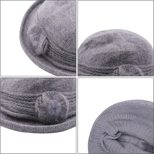Vista 46 de C-US - Gorro de punto cálido para mujer, con visera de ganchillo con acento de flores