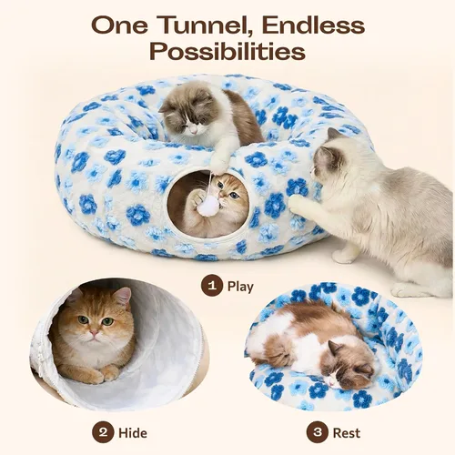 Vista 3 de Meowfia Túnel interior para gatos con cama de rosquilla, gran espacio de juego flexible para múltiples mascotas, forma de círculo o serpiente azul