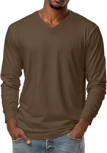 Vista 14 de Camiseta para hombre, manga larga, cuello en V, color liso, informal, básica, suave, elástica, M-3XL