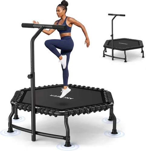 Vista 10 de ANCHEER Trampolín, trampolín de rebote de 50'' para adultos con barra, mini trampolín para interiores y exteriores, trampolín de fitness de 550LBS