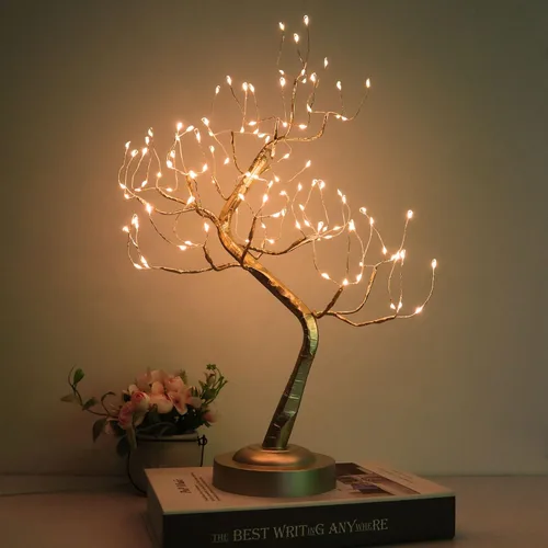 Vista 2 de Luz de árbol de bonsái dorada mate de 20 pulgadas, lámpara de mesa de árbol de luz de hadas artificial, ocho modos de iluminación, funciona con USB