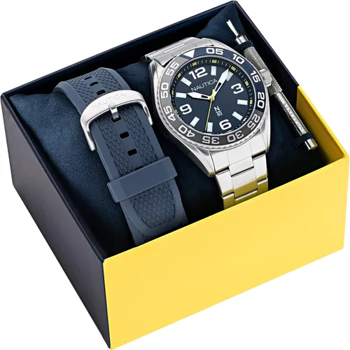 Vista 5 de Nautica N83 NAPFWS308 Finn World - Pulsera de acero inoxidable para hombre y correa de fibra sintética de trigo azul, Tono plateadoazulSST y azul