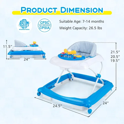 Vista 7 de BABY JOY Andador de bebé, caminador de actividad plegable 4 en 1 con altura ajustable, música, luces, caminador de empuje antivuelco para niños