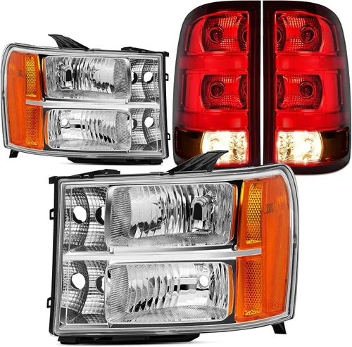 Vista 6 de Par de ensamble de faros Reinko compatible con GMC Sierra 1500 2007-2013/Sierra 2500HD 3500HD 2007-2014, carcasa de lámpara de repuesto cromada
