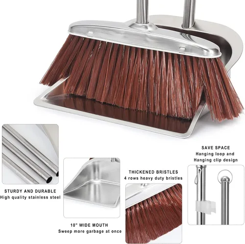 Vista 3 de Juego de escoba y recogedor para el hogar, escoba de cocina de 56" con juego combinado de recogedor, recogedores resistentes con mango largo