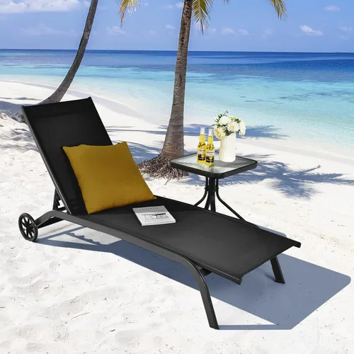 Vista 5 de COSTWAY Tumbona para exteriores con ruedas, silla de bronceado ajustable de 6 posiciones con marco de aluminio estable, silla de descanso portátil