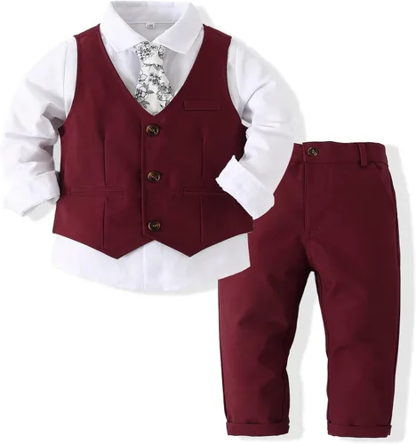 Vista 6 de Kimocat Ropa para bebé niño, traje de caballero esmoquin de manga larga con chaleco, traje de boda, traje de fiesta de cumpleaños Azul 3