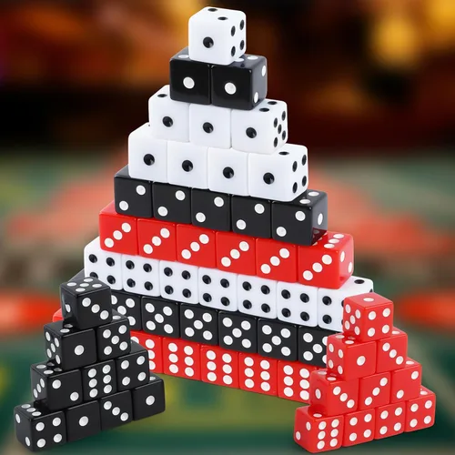 Vista 3 de Juego de 50 dados estándar de 0.63 pulgadas con acrílico negro, blanco, rojo, 6 caras, a granel, dados de casino para fiestas temáticas de casino