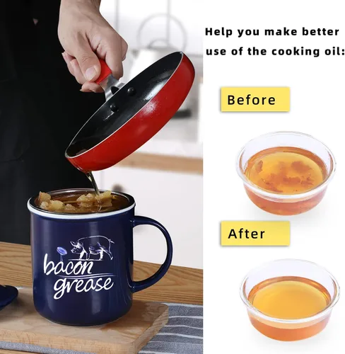 Vista 4 de ONTUBE Contenedor de grasa de tocino de cerámica con colador, recipiente de grasa para almacenamiento de aceite de cocina, protector de grasa