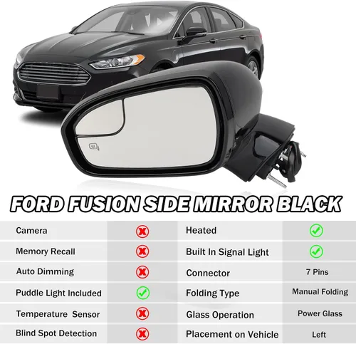 Vista 3 de Espejo Lateral Izquierdo del Conductor para Ford Fusion Sedan S SE SE Híbrido 2013 2014 2015 2016, Espejo Eléctrico con Calefacción, Luz de Señal