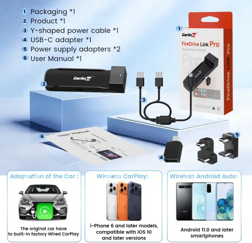 Vista 8 de Carlinkit FireDrive Link Pro Car TV Mate, convertido con cable a Android inalámbrico Auto y adaptador CarPlay, compatible con CarPlay con cable