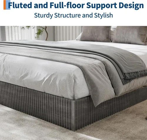Vista 4 de Garvee Marco de cama individual, cama de plataforma de madera con diseño estriado Base de cama de perfil bajo, base de cama minimalista sin ruido