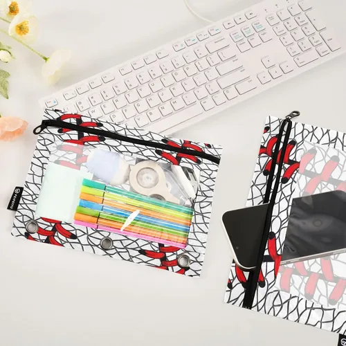 Vista 4 de Estuche de béisbol blanco para lápices de 3 anillas, paquete de 2 carpetas para lápices, estuche transparente con cremallera, bolsa de cosméticos