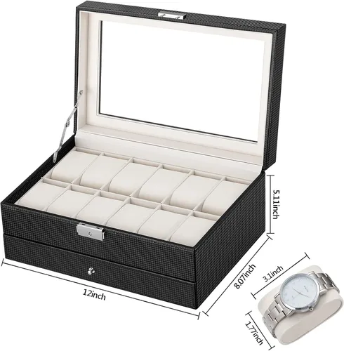 Vista 7 de Oyydecor Caja de reloj con 12 ranuras para relojes, organizador de joyas con cajón de joyas para almacenamiento y exhibición con cerradura (beige)